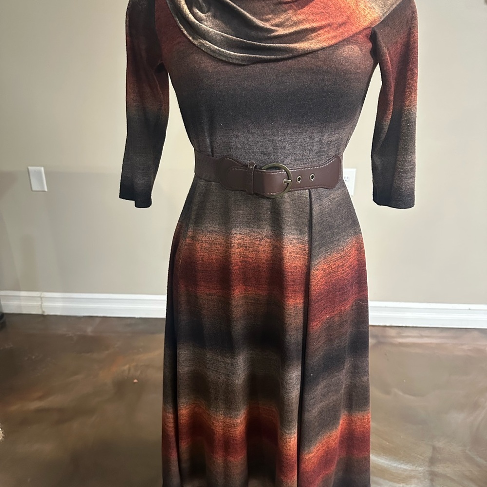 dressbarn Brown and Orange Long Sleeve Dress